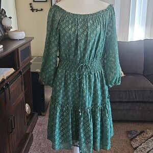 Ryan Michelle Green/Gold Long Sleeve Smocked Waist Peasant Dress